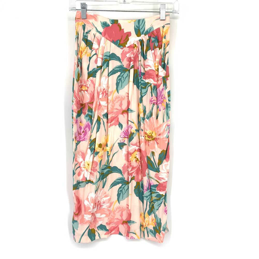 VTG Carole Little Midi Straight Skirt Womens Sz 24" 00 Pink Green Floral Print